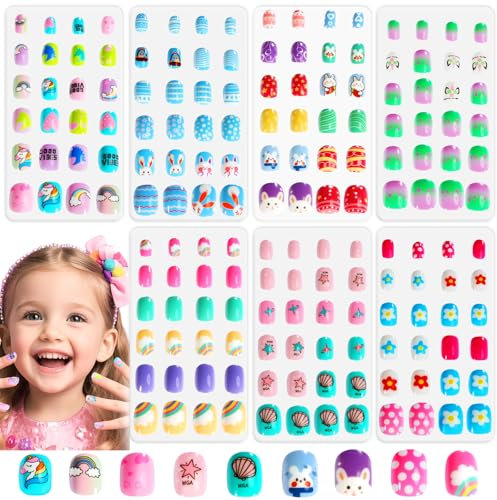 SAVILAND 168 Pieces Kids Stick on Nails: 7 Packs 7 Days Of Ever-Changing Looks Kids Press on Nails Cute Kid Fake Nails For 8-12 Year Pre Glue Full Cover Short Stick On Nail for Girls Children Gift