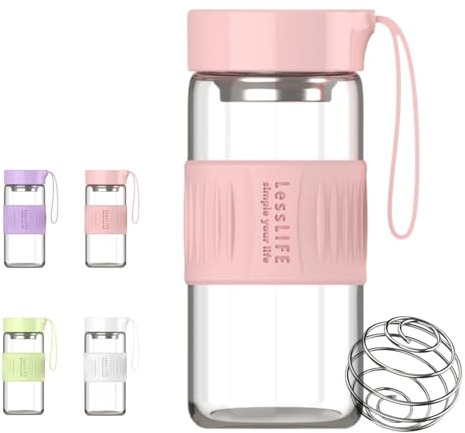 HENGFEI Glass Shaker Bottle for Protein Mixes,16oz Glass Shaker with Silicone Carry Handle, Strainer and Shaker Ball (Salmon)