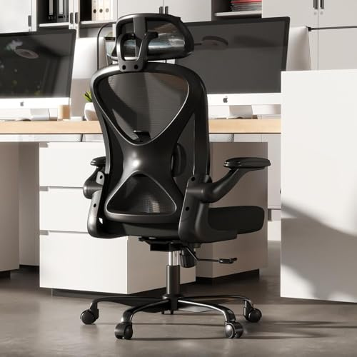 Keratee Ergonomic Office chair with Adjustable Lumbar support & Headrest, Mesh Home Computer Desk chair with Flip-Up Arms, 360° Wheels and Height Adjustment, Black