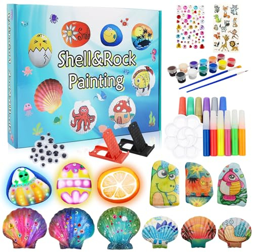 DGMI Steine Bemalen Set, Muscheln Bemalen Kinder Set, Bastelset Kinder ab 6-12 Jahre, für Basteln Geschenk, Halloween Geschenk (Farbe Leuchtet Im Dunkel)