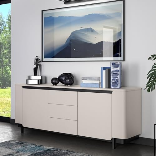 Forte VODOL Sideboard 200 210, modernes Sideboard mit 3 Schubladen, 2 Türen und abgerundetem Eckendesign, Holzwerkstoff, Kaschmir|Beige, 204,9 cm breit x 77,9 cm hoch x 44,8 cm tief