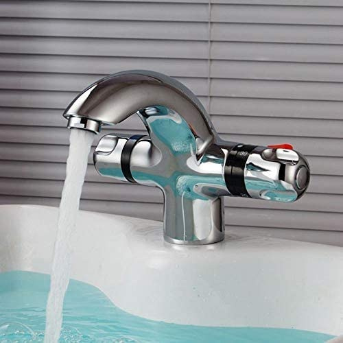 Thermostatischer Waschbeckenarmatur, Niederdruck Mischbatterie, Chrom Silber 2 Griff Bad Dusche Mischbatterie, Wassersparende Waschtischarmatur für moderne Badezimmer