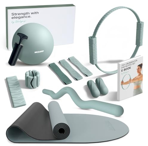 NEOLYMP Pilates Set für Zuhause – Pilates Ball, Pilates Ring & Gewichte – Komplettes Pilates Zubehör Set – inkl. Premium Geschenkbox, Pilates Bänder, 1kg Hanteln, SZ Stange & E-Book