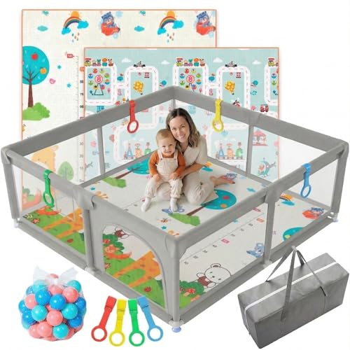 JUPPLIES Parque Infantil Bebe 120x120cm + Alfombra Bebe + 50 Bolas + Agarraderas + Bolsas de Transporte – Corralito Bebe con Malla Transpirable (Gris 120 * 120 completo + agarraderas)