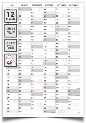 Jahreskalender 2027 DIN B2 50 x 70 hochformat Wandkalender beidseitig bedruckt 14 Monate beschreibbar mit allen Stiften Familienplaner Büroplaner Terminplaner für Tür Kühlschrank Küche und Homeoffice