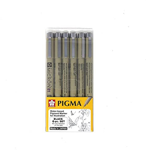 Sakura Pigma Micron Zeichenstift-Set, Tintenfeinschreiber, Archivtinte, schwarz, für Künstler Asst 6 pen Schwarz