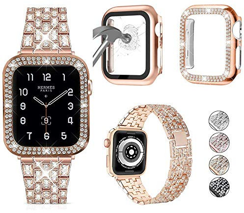 Confezione da 3 cinturini compatibili con Apple Watch da 38 mm, 40 mm, 41 mm, 42 mm, 44 mm, 45 mm, 49 mm, con custodia, cinturino in metallo con diamanti e cover protettiva in vetro per iWatch serie