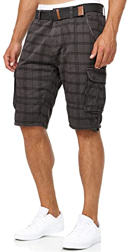 Indicode Herren Monroe Cargo Cargo-Shorts inkl. Gürtel | Bermuda Männer Sommerhose aus Baumwolle Raven Check, 3XL