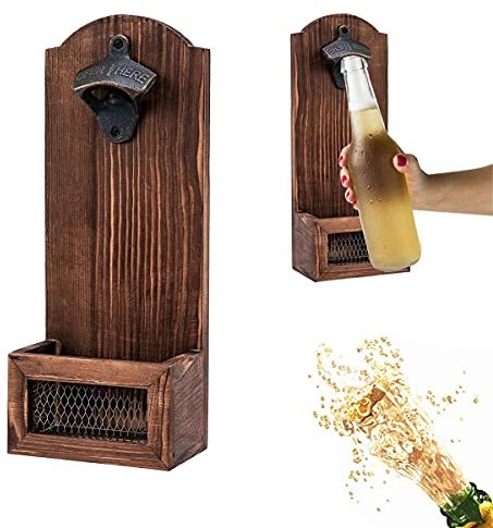 AKOFIC Flaschenöffner zur Wandmontage, Vintage Holz Bierkappenöffner mit Kronkorkenauffangbehälter, Wand Flasche Bier Öffner Geschenk für Männer Bierliebhaber Bar Party Küche Haus Deko
