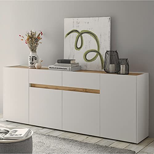 Lomadox Sideboard Wohnzimmer in weiß mit Absetzungen in Wotan Eiche Nb., B/H/T: ca. 220/87/40 cm