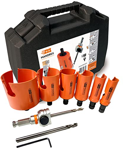 Mandrex | Set di 10 seghe a tazza SuperXcut con denti in metallo duro con profondità di taglio 60 mm per legno, MDF e stucco, Ø 22 – 68 mm