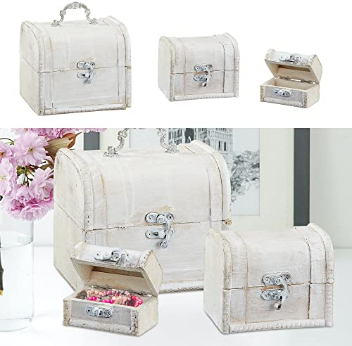 Cepewa Truhenset Maritim 3er Set Tragegriff │ weiß 3 Größen Antik Finish │ Seil Muscheln Seesterne Steuerrad Fische Rettungsringe │ Kisten Truhen Holzkisten (1 x 3er Set Truhen Virginia)