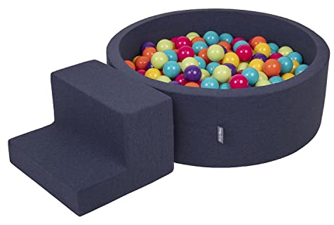 KiddyMoon Spielplatz Aus Schaumstoff Mit Rund Bällebad (200 Bälle) Ballgruben Für Babys Spielbad Hindernisläufen, Hergestellt In Der EU, Dunkelblau:Helgrün/Gelb/Türkis/Orange/Dpink/Violet