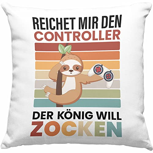 Trendation Zocken Reichet Mir den Controller König Kissen mit Füllung 40x40 Geschenk Gamer Jungs Jungen Geschenkidee Zocker Faultier Grafik (Blau)