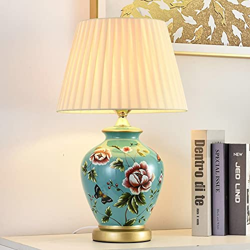 Mengjay Klassische Vintage Art Keramik Tischlampe, Vase-Like-Tuch Lesebuch-Licht Schreibtischlampe Porzellan-Antike Blumen verzierte Nacht Birne Beistelltisch Dresser (C)