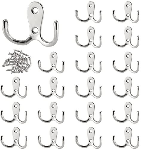 ZOENHOU 20 PCS 5.5 x 4cm Double Prong Robe Wall Hooks, Metal Dual Coat Hooks with 40 Screws, Chrome Dual Coat Hanger Retro Silver Bathroom Door Hanging Hooks for Towel Clothes Scarf Bag Hat