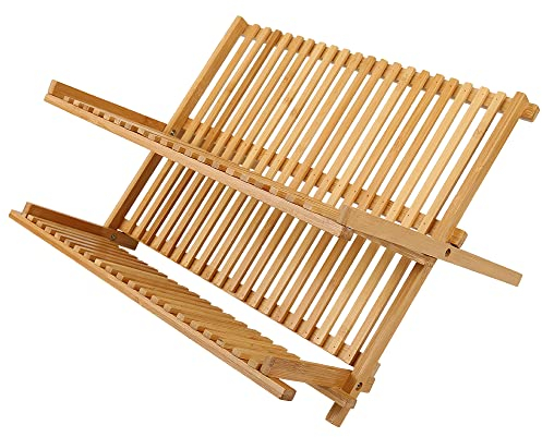 XUANYU Escurridor de Vajilla de Bambú, Escurridor de Vajilla Plegable, Escurridor de 2 niveles, Escurre Cubiertos, Madera 42×26×35 cm