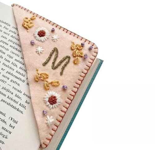MOTEERLLU Personalized Hand Embroidered Corner Bookmark, Spring-M | A-Z Initial, Cute Book Markers for Reading Women, Book Lovers Gifts for Friends Mom & Teachers, 3.74