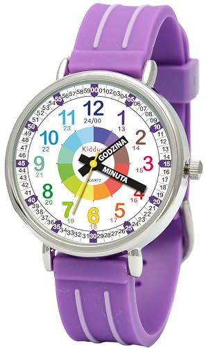 Kiddus Lern Armbanduhr für Kinder, Jungen und Mädchen. Analoge Armbanduhr mit Zeitlernübungen. Time Teacher. Polski Purple