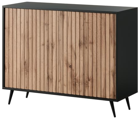 Selsey Bello - Kommode in Schwarz und Wotan Eiche mit Lamellen, goldene Beine, 104 cm breit