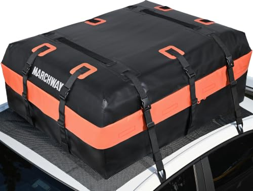 MARCHWAY Waterproof Car Roof Luggage Bag, Weatherproof Soft Shell Rooftop Cargo Carrier Bag for Vehicles with or without Rack. 6 Door Hooks, Anti Slip Mat, Lock Included (15 Cubic Feet, Orange)