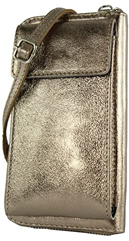 modamoda de P06 Damen Leder Umhängetasche Geldbörse Handytasche 6,5 Zoll handmade in Italy, Farbe:Altgold-Metallic