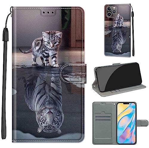 for iPhone 12 Pro Max Case, PU Leather Wallet Book Flip Folio Stand View Cover Pouch Compatible with iPhone 12 Pro Max Phone Case (Cat and Tiger)