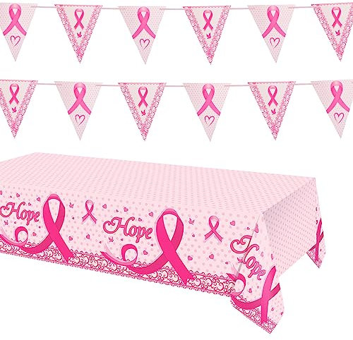 WANDIC Kit de Sensibilisation au Cancer du Sein, Nappe en Ruban Rose 130 * 220cm et 16 pièces Bannières de Banderoles Triangulaires sans Cancer pour Les Décorations de Fête de Bricolage