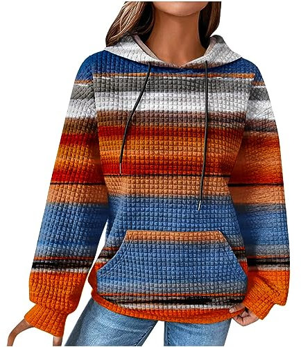 EMATOP Damen Baumwolle Hoodie Causal Langarm Kapuzenpullover Herbst Winter Warm Pullover Vintage Bunte Print Sweatshirt mit Kapuze Pulli Oberteile Mode Waffel Kapuzenpulli mit Taschen Outwear