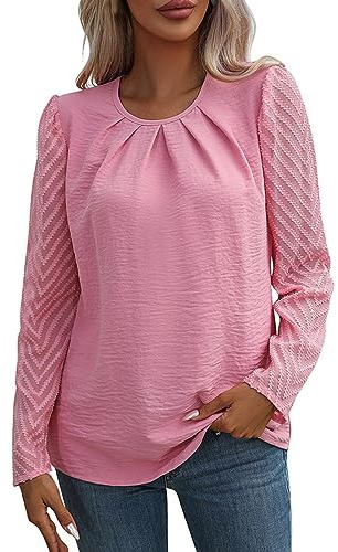 Summer Tops 2023 Herbst Rundhals Plissee Chiffon Durchsichtig Langarm Elegantes Hemd Neon Pullover Damen (Red, L)