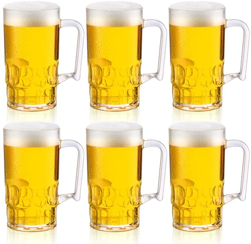 SiliFine 6 Pcs Clear Plastic Beer Stein Mug with Handle Shatter Resistant Large Dimpled Beer Drinking Cup Bulk for Juice Coffee Tea Fest Cocktail Picnic Everyday Drinking Party (27oz)