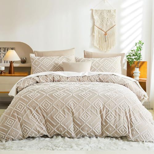 Lanqinglv Getuftet Bettwäsche 200x220cm Khaki Boho Geometrische Vintage Wendebettwäsche Set aus Microfaser Shabby Chic Bohemian Bettbezug mit Reißverschluss und 2 Kissenbezug 80x80cm