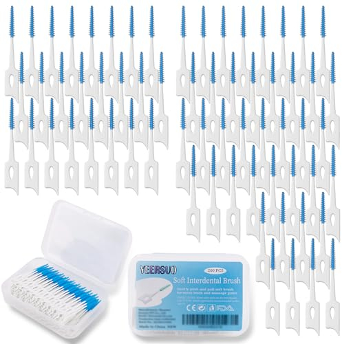 YEERSUO Cepillos interdentales, cepillo interdental suave para la limpieza de dientes, cepillo interdental de silicona, cepillo de dientes, herramienta de limpieza, azul, 200 piezas