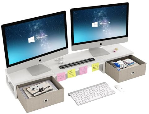 CAIYUN Wooden Monitor Stand With 2 Drawers, Riser With Smartphone Holder, 100cm Long Computer Desk for Printer (White)