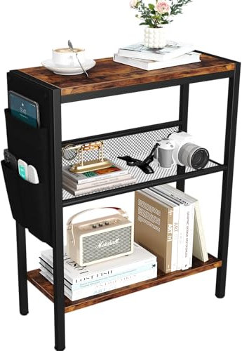 Yusong Small Narrow Side Table for Small Spaces, Slim End Table with Storage Bag, Sofa Snack Table with Adjustable Metal Mesh, 3 Tier Accent Skinny Beside Table for Living Room & Bedroom, Rustic Brown