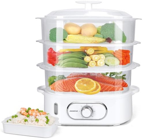 Aigostar 3 Tier Electric Food Steamer 12L, 900W Vegetable Steamer with 60 Minute Timer, BPA Free, Separate Rice Bowl and Stackable Steam Baskets, Healthy Cooking, Energy Saving, Refill While Steaming