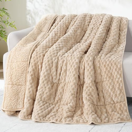 Drewin Gewichtsdecke, Doppelbettgröße, 6,8 kg, 3D-Schildkrötenmuster, Jacquard-Sherpa, gewichtete Decken für Erwachsene, für natürlichen und entspannenden Schlaf, Beige, 122 x 183 cm