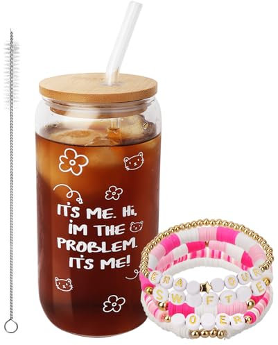 WALLFID Glass Coffee Cups for Music Lovers,16oz/500ml Glass Cups with Lids and Straws,with Friendship Bracelet for Fans,Friendship Birthday Gifts for Women Teenager Girls (It‘s Me)