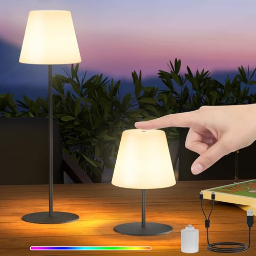 Postlucky Tischlampe Kabellos Mini Kleine LED Akku Tischlampe Outdoor Touch Dimmbar Warmweiß/RGB USB Aufladbar Tischleuchte Kabellos 2er Set IP44 für Außen Patio Terrasse Balkon (Grau)