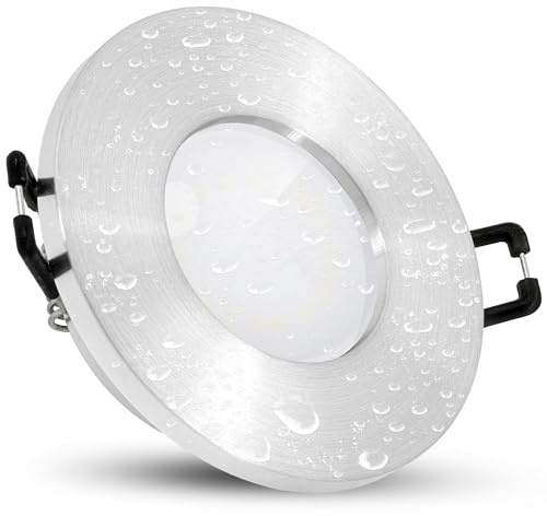 linovum ISASO Einbauspot rund IP65 GU10 4W warmweiß fourSTEP dimmbar Alu | Deckenspot IP65 Alu gebürstet - in 4 Stufen dimmbar ohne Dimmer, warmweiß, für Bad & Außen, mit Echtglas, inkl. GU10 LED