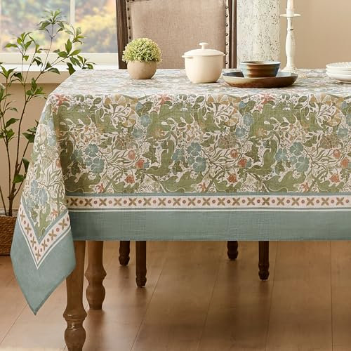 Softalker Tischdecke abwaschbar 140x100 cm Frühling Grün mit Vintage-Blumen Tischdecke Wasserabweisend Ostern-Tischtuch Tablecloth Dekoration Outdoor Herbst Geburtstag Party Festliche