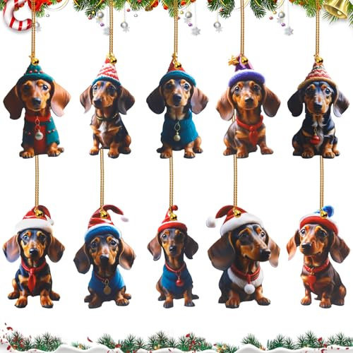 Dackel Weihnachtsbaumschmuck 10 Stück,Cute Acryl Dachshund Tannenbaumschmuck,WeihnachtsanhäNger Hund Flat Decorations,Christbaumschmuck Dackel,Auto Ornament Geschenke