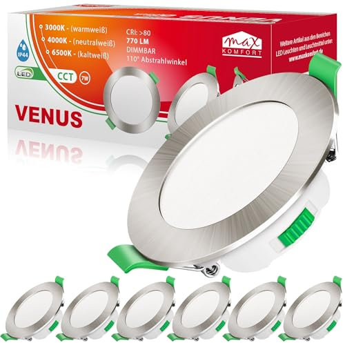 max K O M F O R T 6x LED Bad Einbaustrahler Dimmbar 230V flach | 7W | IP44, 110°, 770 Lumen, 68mm | Warmweiß Neutralweiß Kaltweiß | Einbauspot Deckenspot | VENUS