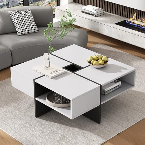 BTM Coffee Table, White Coffee Table with 5 Open Storage Space, Square Coffee Table with Storage for Living Room, High Gloss Coffee Table 70x70x35cm