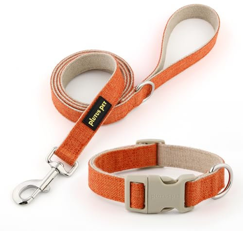 Plutus Pet Cotton Hemp Dog Collar and Leash Set, Adjustable Collar for Small, Medium, and Large Dogs, Heavy Duty and Soft on Skin, Orange, M