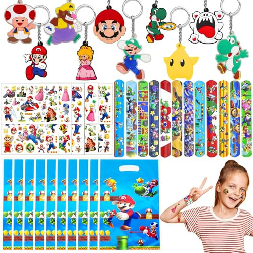 40 Stück Mario Party Gastgeschenke Kinder, Kindergeburtstag Party Mitgebsel Set mit Schlüsselanhänger Schnapparmbänder Geschenktüten Tattoo Aufkleber Give Aways Partygeschenk für Jungen Mädchen (40)