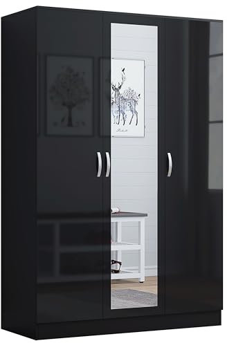 Nera 3 Door Wardrobe with Mirror Shelves and Hanging Rail Tall Wardrobes for Bedrooms Storage (Gloss Black (Matt Black))