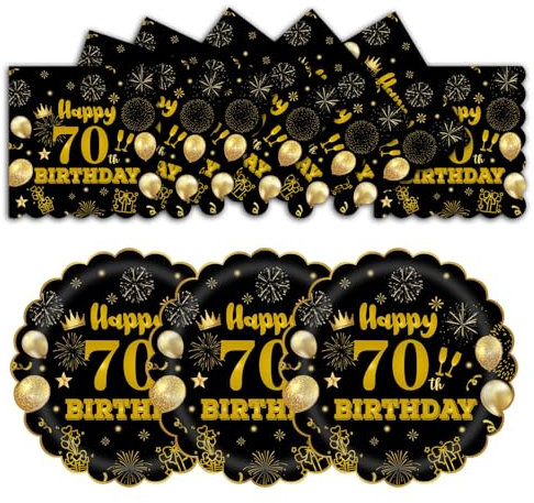 EVYIENEN 50Pcs 70th Birthday Party Paper Plates and Napkins,25 x 7inch Black and Gold Scalloped Dessert Plates Party and 25 x 6.5inch Cocktail Napkins for Birthday Wedding Anniversary Decorations