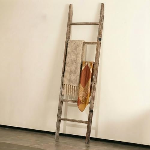 Blanket Ladder for Living Room 6-Tier, Wooden Decorative Quilt Holder for Bed Room, Wall-Leaning Towel Rack for Bathroom, Decorative Blanket Ladder Wood for Home Decor & Display - Distressed Brown