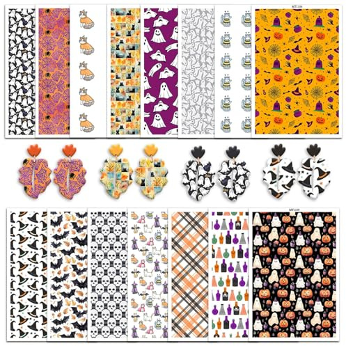 Halloween-Transferpapier für Polymerton, Kürbis, Geist, Spinnen, Netze, Totenköpfe, Katzen, Gitter, Flaschen, wasserlösliche Transferblätter für Polymerton, DIY, Kunst, Schmuck, Ohrringe, 15 Stück